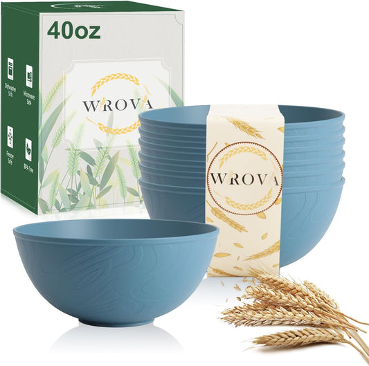 Wrova Wheat Straw Salad Bowls for Kitchen set of 6,Anit-Scald Thick Soup Bowls 40oz,Microwave and Dishwasher Safe Bowl set easy to clean. Blue