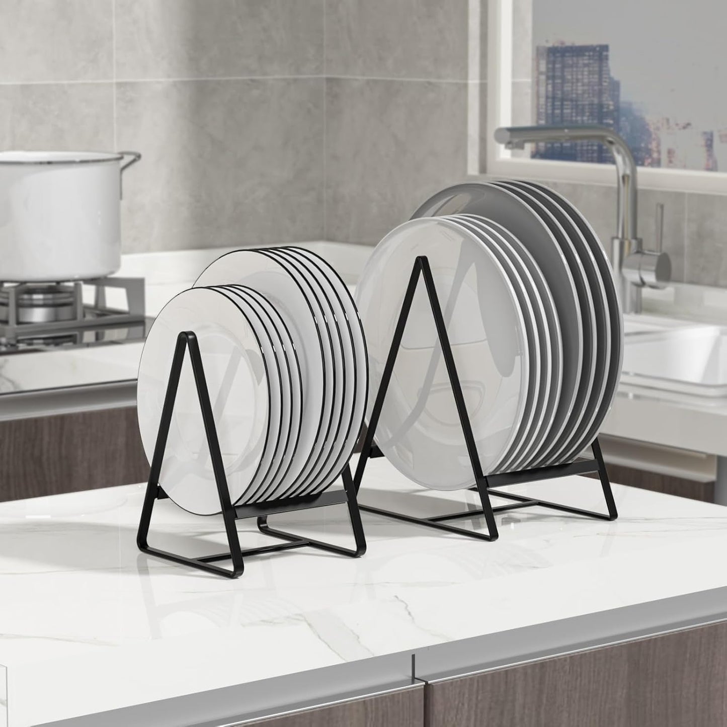 2 Large 1 Small Triangle Plate Holders Organizers Upright Cabinet Dish Drying Racks Metal Plate Dish Organizers Racks Stands for Countertop and Cupboard Black