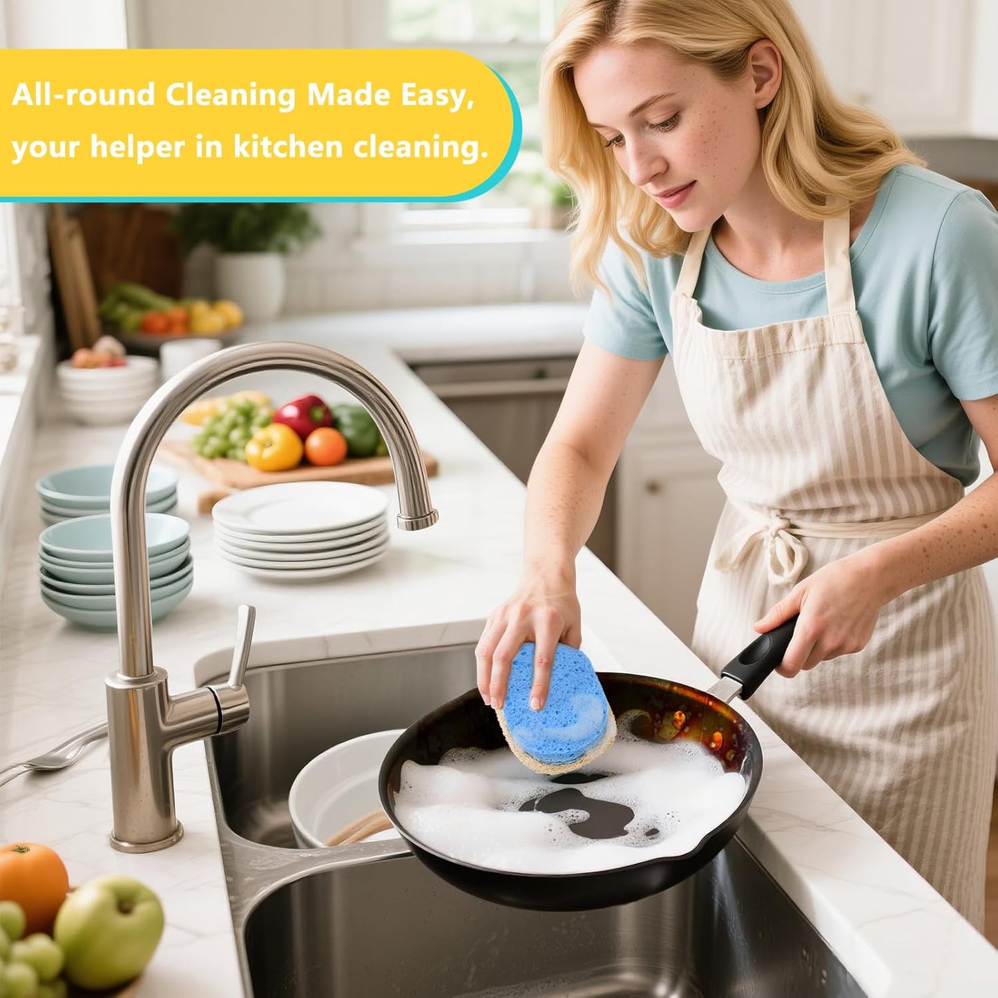 Natural Scrub Sponges Kitchen, Dual-Sided Loofah Dish Sponge - Plastic-Free, Scrubbing Power Without Scratching - 4 Pack Blue