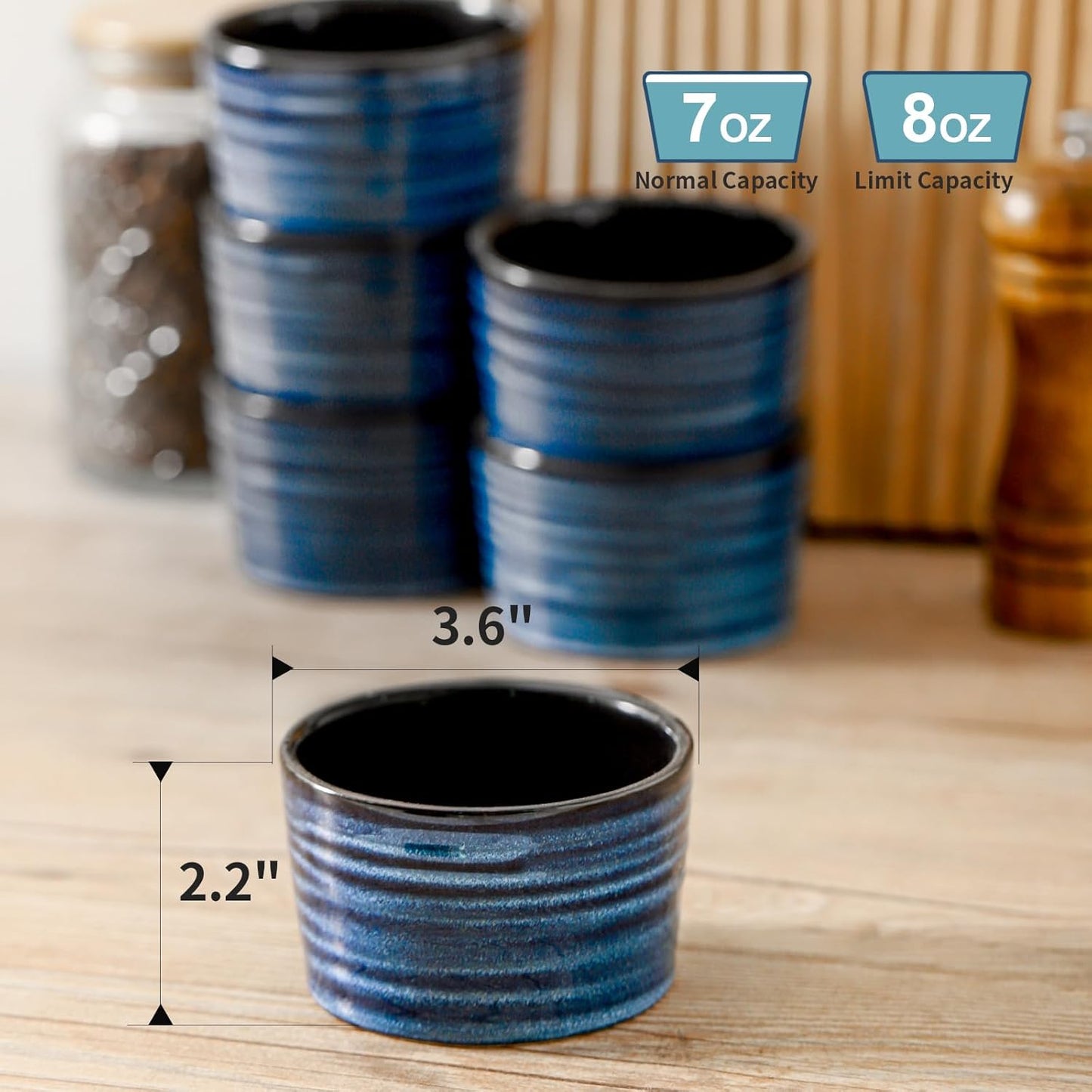 Hasense Ramekins 8 oz Oven Safe for Creme Brulee, Ceramic Souffle Dish Oven Safe Set of 6,Porcelain Dipping Sauce Bowls for Pudding, Creme Brulee, Souffle, Serving Dip, Custard, Ice Cream(Blue)