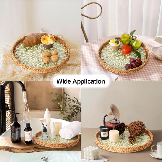 Round Rattan Tray with Mother of Pearl Inlay, Rattan Serving Tray for Coffee, Bread, Fruits, Decorative Wicker Tray for Table Decor, Home Decor, Kitchen Island Decor (Green Leaf, 11.8")