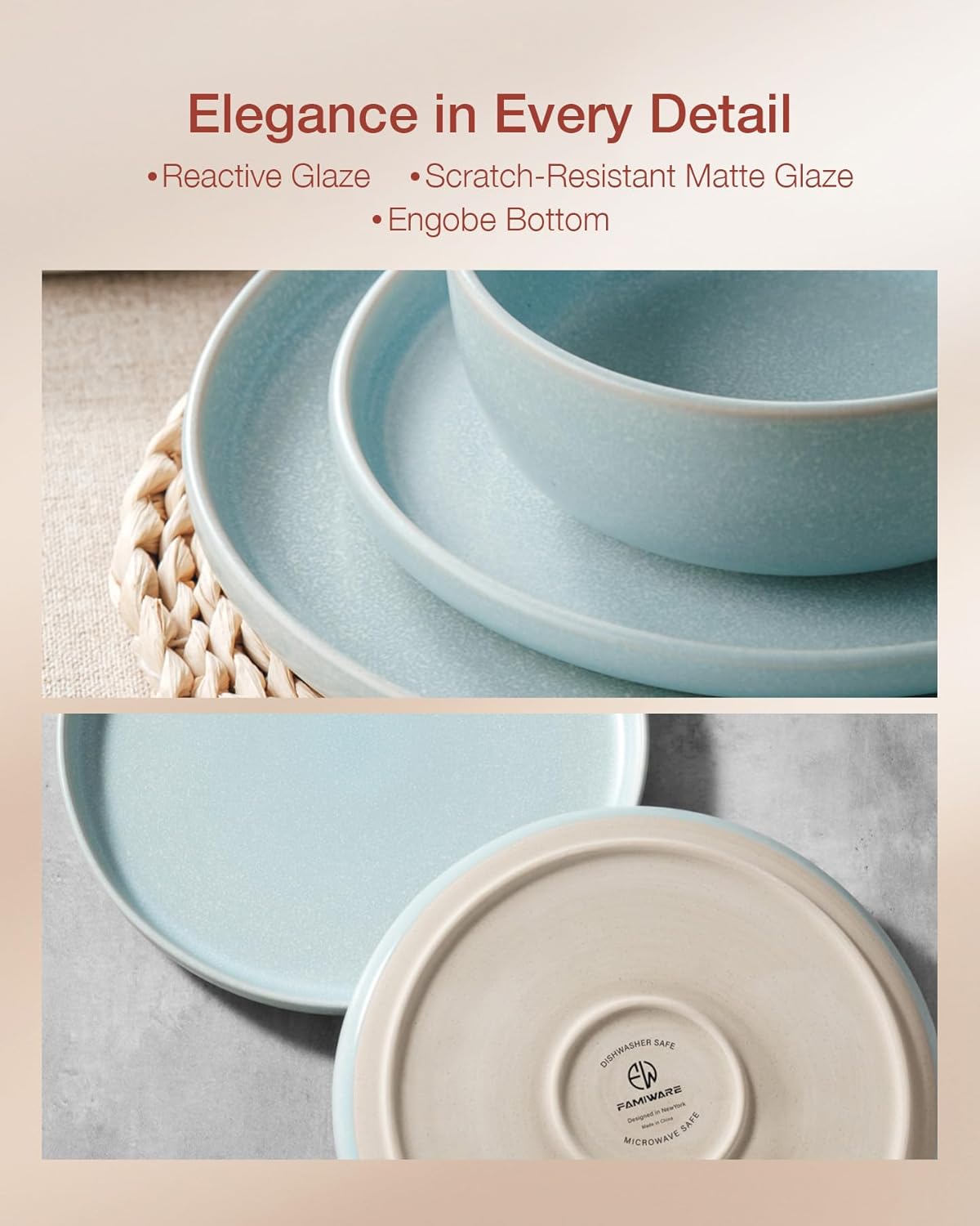 Famiware Milkyway Plates and Bowls Sets, 12 Pieces Dinnerware Sets, Reactive Glaze Dish Set, Stoneware Dishes Set for 4, Light Blue