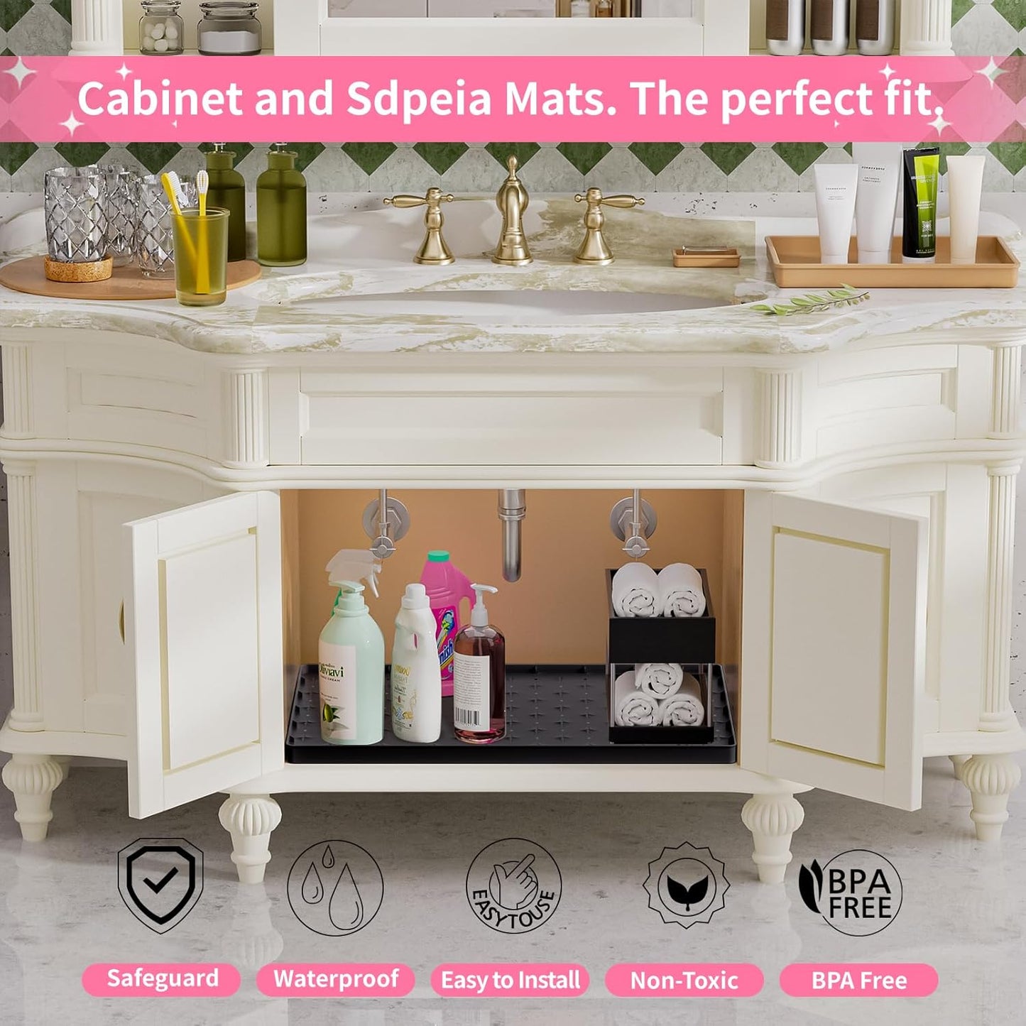 Sdpeia Under Sink Mat for [22" x 14"] Cabinet, Upgraded Silicone Waterproof Mat Kitchen Cabinet Liner Cabinet Protector Kitchen Organizers and Storage