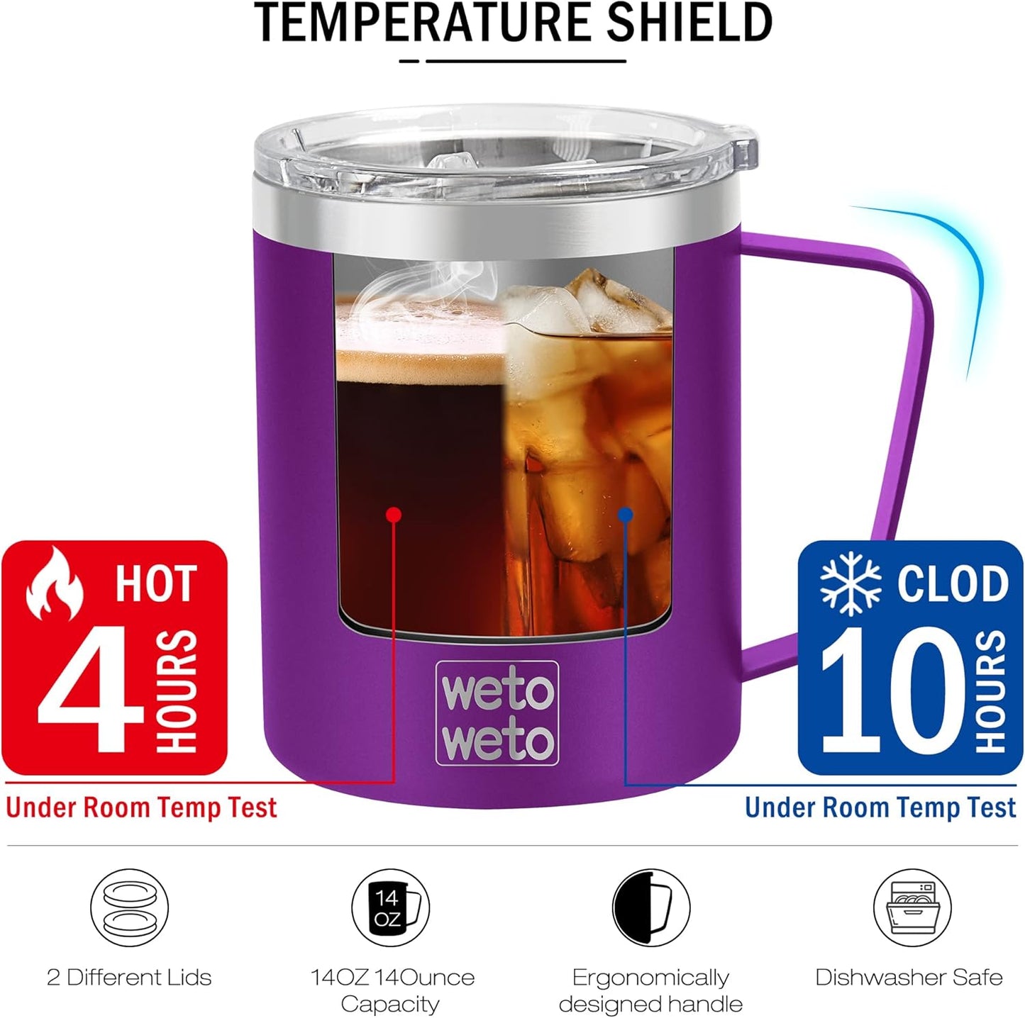 WETOWETO 14 oz Coffee Mug, Vacuum Insulated Camping Mug with Lid, Double Wall Stainless Steel Travel Tumbler Cup, Coffee Mugs Outdoor, Powder Coated Purple