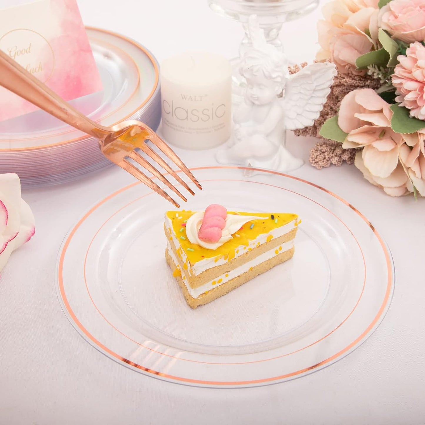 I00000 72 Pcs Rose Gold Plastic Dessert Plates7.5& 70 Pcs Plastic Forks7.4, Premium Salad Plates, Heavy Duty Disposable Plate for Party,Disposable Appetizer Plates Great for Wedding