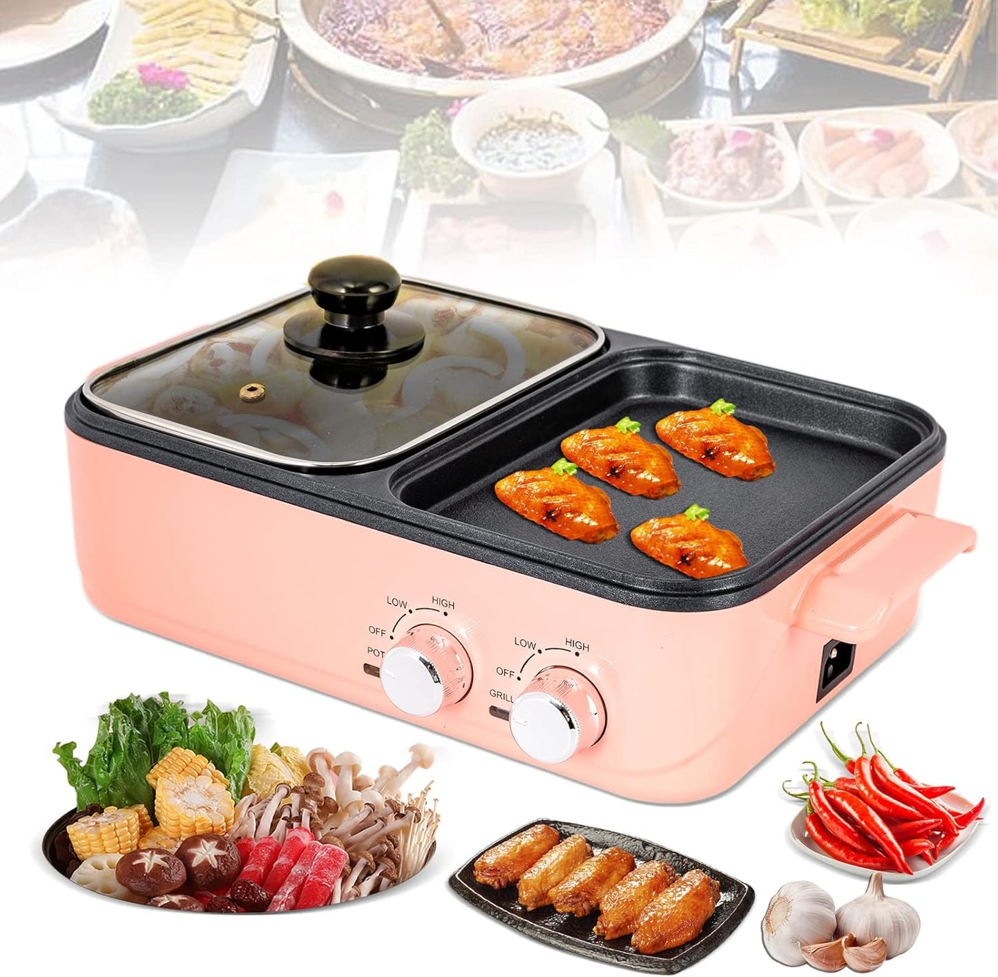 Hot Pot with Grill, Electric Hot Pot and Frying Pan, Shabu Shabu Pot with Grill, 2 in 1 Indoor NonStick Shabu Shabu Pot and Griddle, Dual Temperature Control, Fast Heating (Pink)