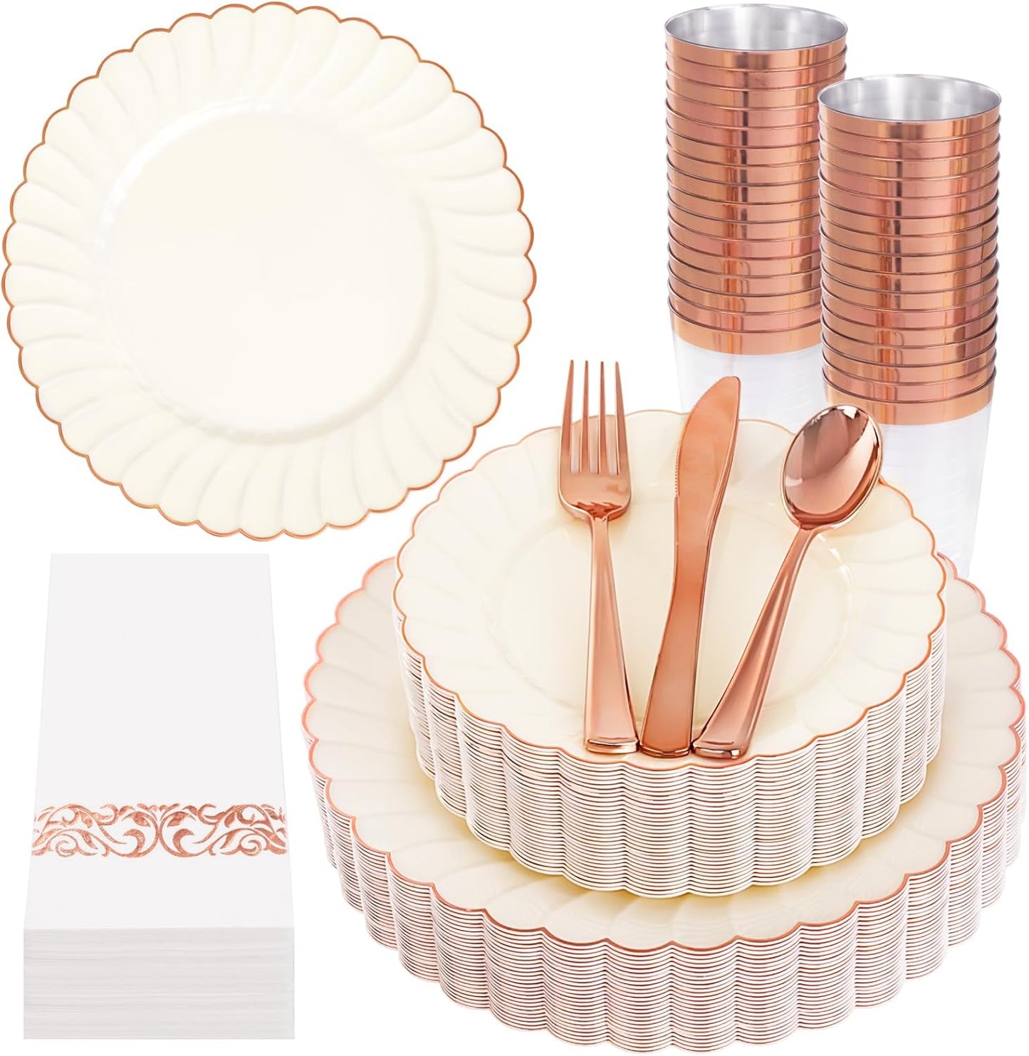 YOUBET 175PCS Ivory Scalloped Plastic Plates - Rose Gold Disposable Dinnerware Set Include 50 Plates, 75 Rose Gold Silverware, 25 Cups, 25 Napkins for Party & Wedding & Baby Shower