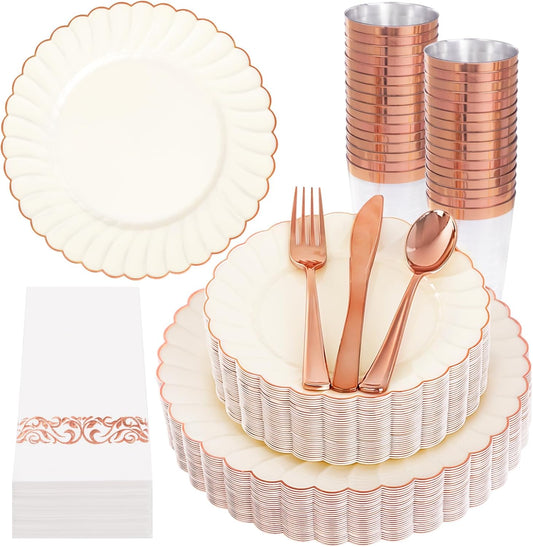 YOUBET 175PCS Ivory Scalloped Plastic Plates - Rose Gold Disposable Dinnerware Set Include 50 Plates, 75 Rose Gold Silverware, 25 Cups, 25 Napkins for Party & Wedding & Baby Shower