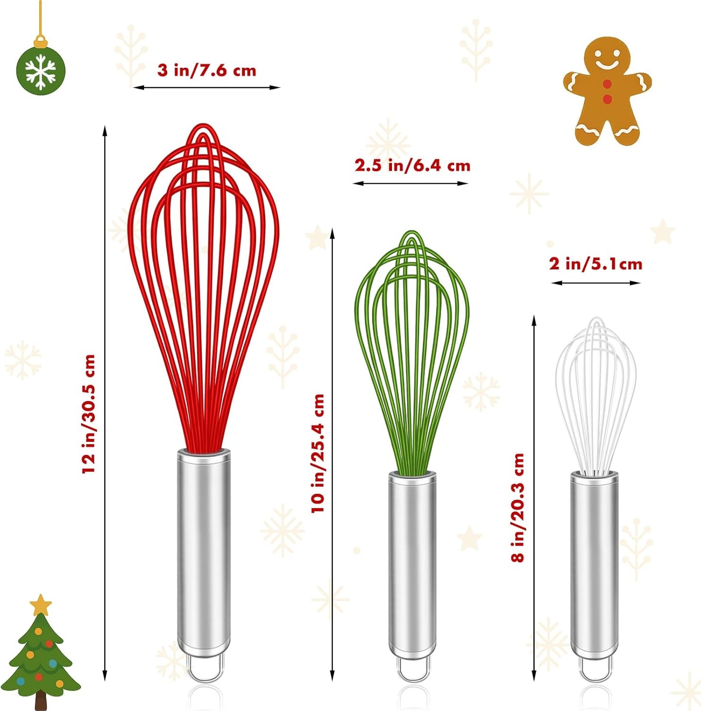 Christmas Whisk Set – 3 Sizes (12”, 10”, 8”) – Holiday Red, Green & White Stainless Steel Whisks for Baking, Cooking & Mixing, Christmas Gift for Bakers & Home Chefs