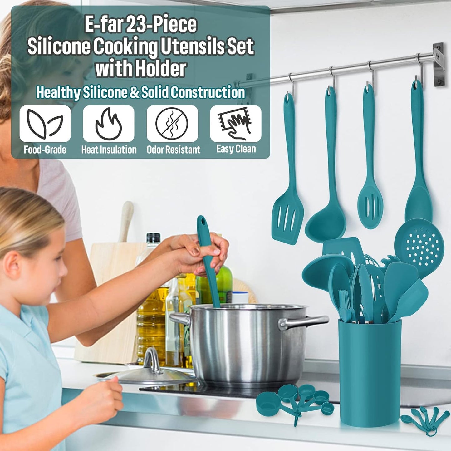 Silicone Kitchen Utensils Set, E-far 23 Pcs Blue Cooking Utensils Tools with Holder for Nonstick Cookware, Include Spatula/Spoon/Ladle/Tongs/Turner, Heat Resistant & Nontoxic, Dishwasher Safe