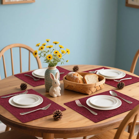 Homaxy Cloths Placemats for Dining Table Set of 6, Heat Resistant Washable Cotton Linen Blend Table Mats, Easy to Clean Place Mats for Indoor Outdoor Party Kitchen Decoration, 13" x 19", Red