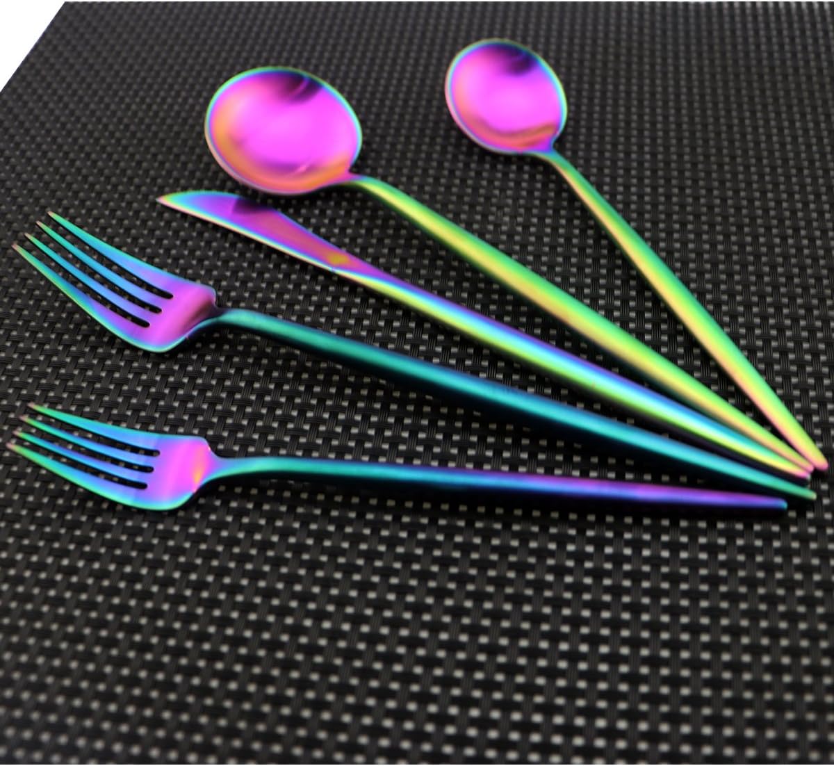 Iridescent Rainbow Multicolor Flatware 10 Pieces Tableware Set Cutlery Set Dinnerware Anti-rust Utensil Set,Salad Spoons Knives and Dessert Forks, Service for 2