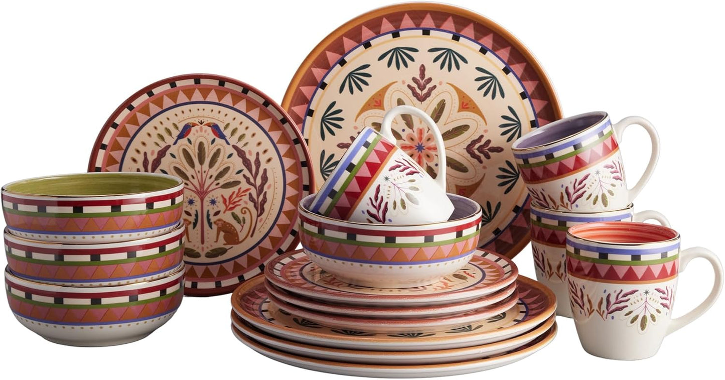 Corona 16–piece Colorful Wild Jungle Animals Inspired Ceramic Dinnerware Sets | Plates, Bowls and Mugs | Service For 4 | Selvatica