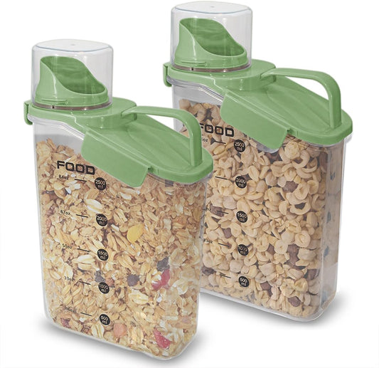 Two Pack Food & Cereal Storage Container - 2.6L Airtight Plastic Kitchen Organizer Bin with Pouring Spout, Measuring Cup Lid, Ideal for Dry Food, Rice, Sugar, Pet Food dispenser - BPA free (Green)