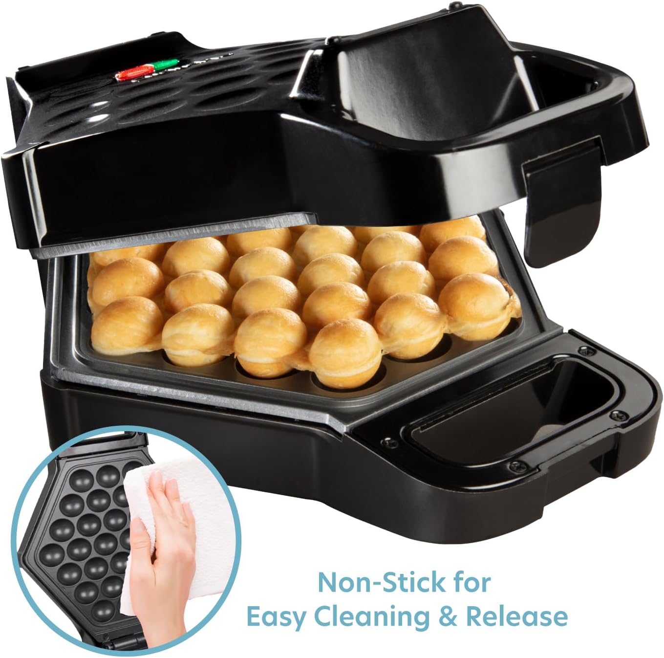 Bubble Waffle Maker- Electric Non stick Hong Kong Egg Waffler Iron Griddle w/Ready Indicator Light- Ready in under 5 Mins- Recipe Guide Included, Make Delicious Ice Cream Cones for Xmas Gift or Treat