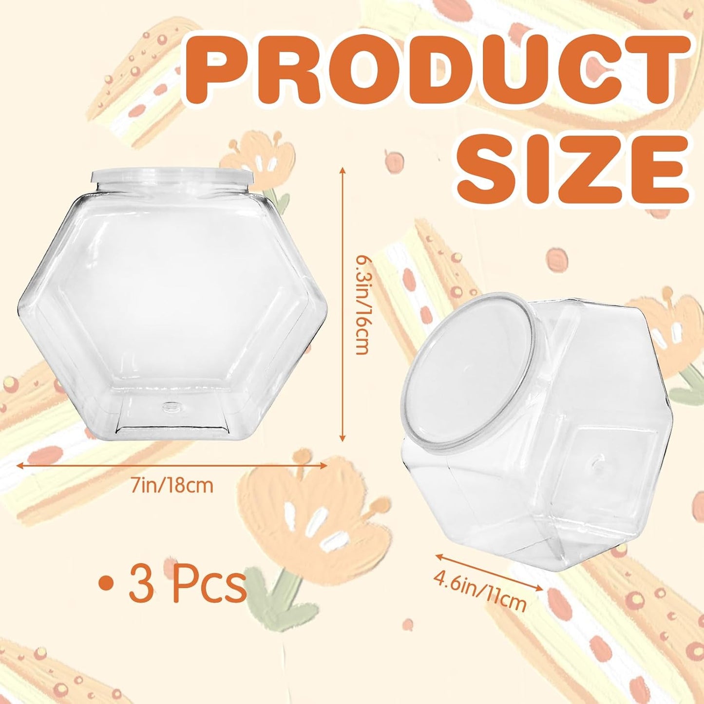 3 Pcs Plastic Candy Jars,Clear Cookie Jars 71 Oz for Kitchen Counter,Hexagon Cookie Jars with Lids,Plastic Dry Food Jar for Candy Buffet