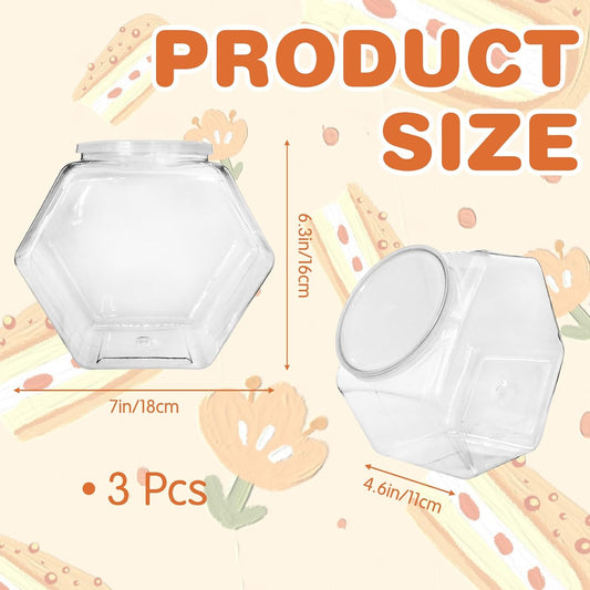 3 Pcs Plastic Candy Jars,Clear Cookie Jars 71 Oz for Kitchen Counter,Hexagon Cookie Jars with Lids,Plastic Dry Food Jar for Candy Buffet