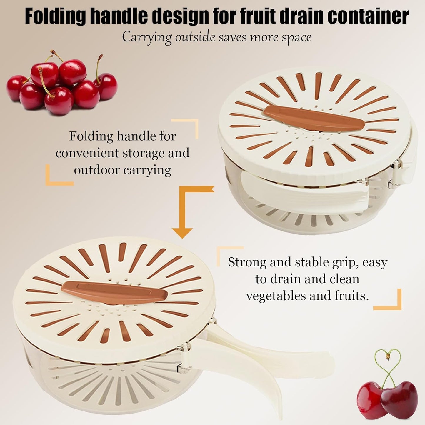2025 New Draining Basket with Lid, Fruit Drainer Container with Handle, 2 in 1 Multi-function Drain Basket, For Rinsing Straining Vegetable Washing Fruit Portable Storage Container (Brown)