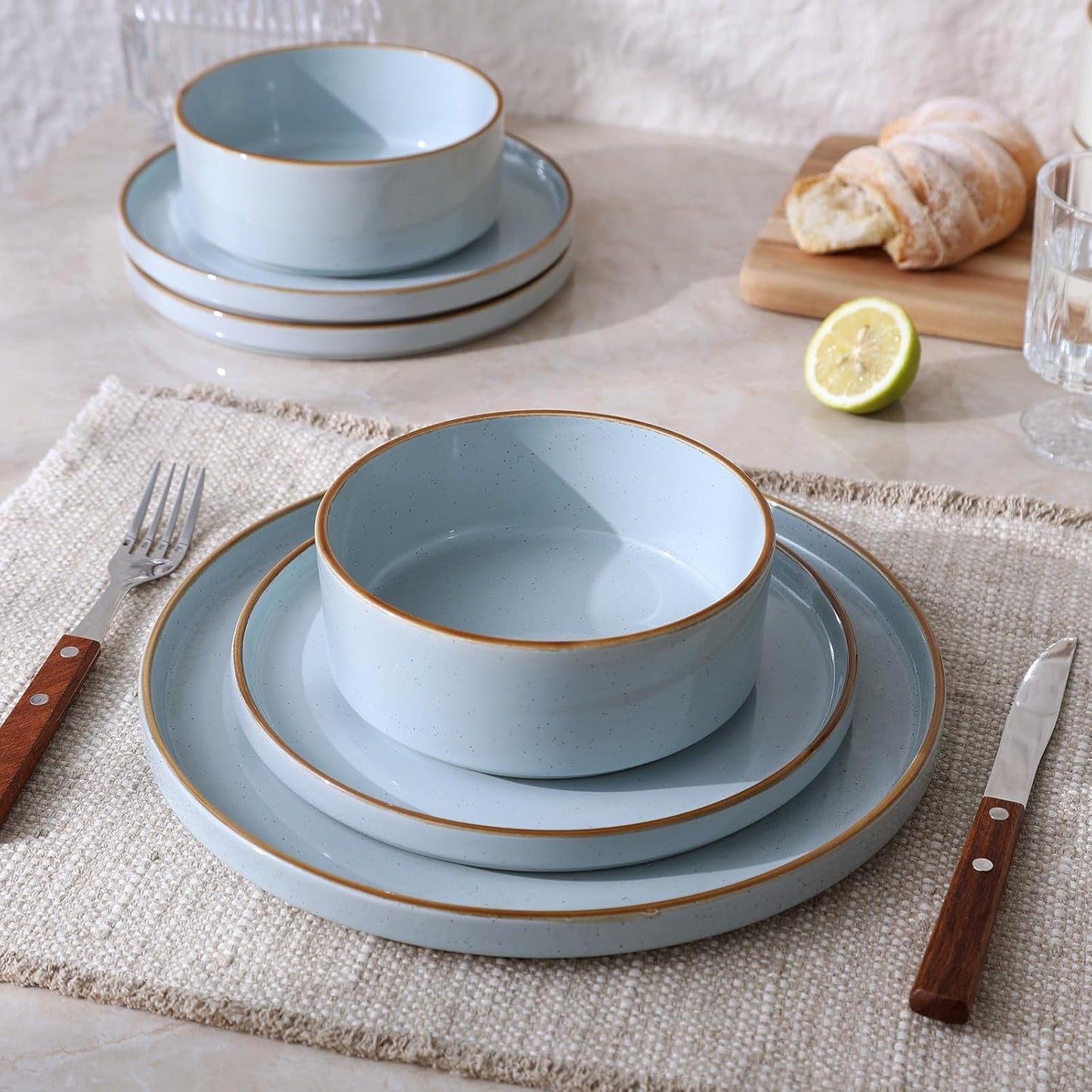 Famiware Nebula Plates and Bowls Sets for 4, 12 Pieces Stoneware Dinnerware Set, Microwave and Dishwasher Safe Dishes Set, Light Blue with Brown Rim