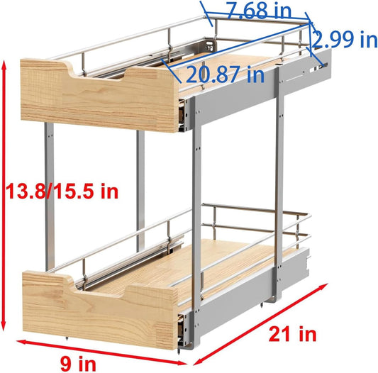 Pull Out Cabinet Organizer,Heavy-Duty Slide Out Shelf, Wood and Wire Basket, Pull Out Drawer for for Kitchen Under Sink Space, Pantry, Bathroom, 2 Tie 9 * 21 in