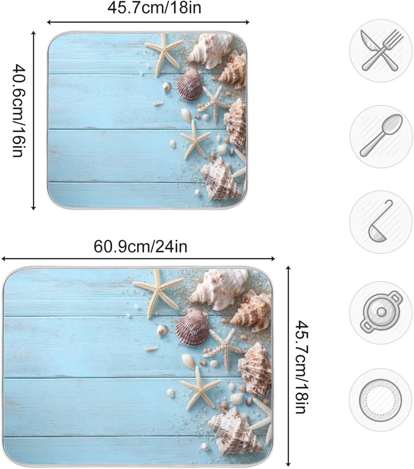Blue Wooden Seashells and Starfish Dish Drying Mat for Kitchen Counter Super Absorbent Dishes Pad Reversible Microfiber Protector Dish Draining Mats 16x18 inch