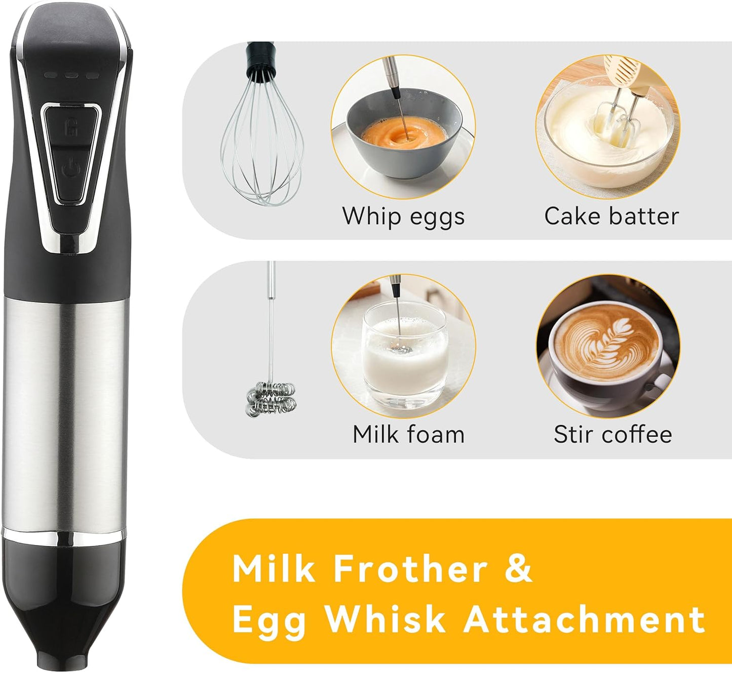 Cordless Portable Immersion Blender 5-in-1 Blender Set, Ice Crushing Power with One-Touch Speed Control, Comes with Potato Masher, Whisk, Chopper, Beaker, and Storage Case, Stainless Steel