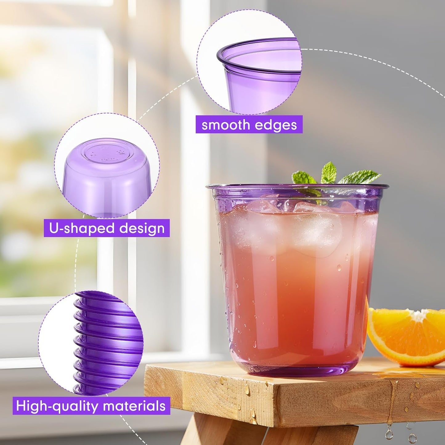 Disposable Stemless Glasses 12oz Crystal Plastic Wine Glasses Clear Classic Pet Cup for Meeting Weddings Birthdays Cocktail Christmas Party Supplies (Purple,50 Pcs)