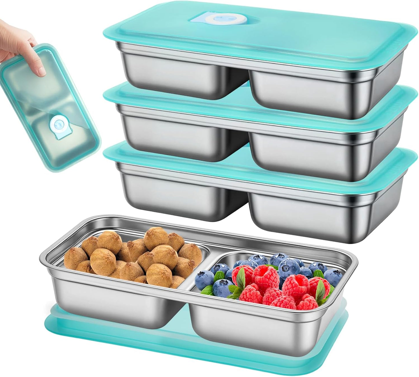 3 Pack Leakproof Stainless Steel Snack Containers with Secure Sealed Lids, Reusable 2 Compartment Bento Boxes for Lunch Prep, Travel, School & Office Stainless Steel Lunch Box