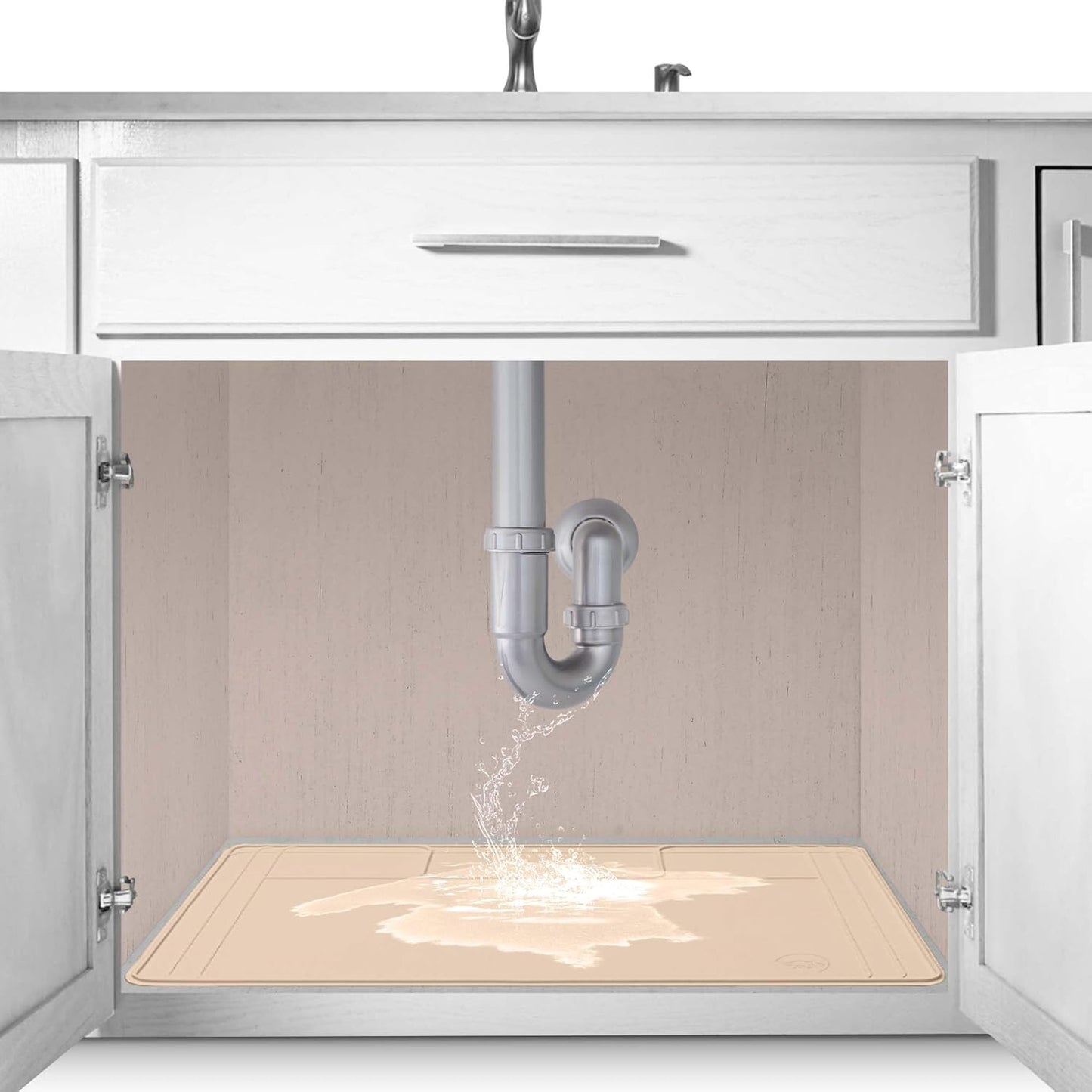The Original Under Sink Mat - Silicone Waterproof mat, Adjustable, Easy to Clean, Kitchen Cabinet Liner, Disifenction Surface - 31" x 22" or Smaller (Beige, 31" x 22")