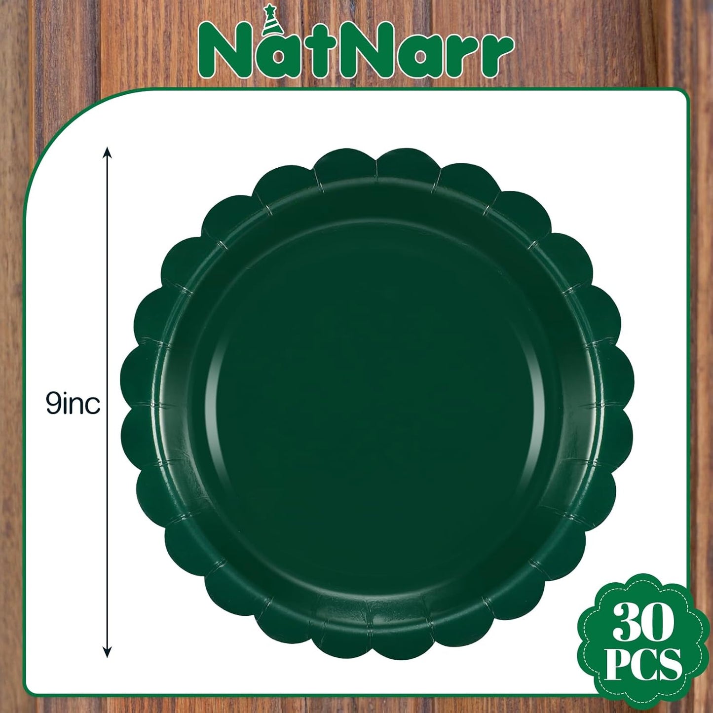 30 Pcs Dark Green Plates 9 Inch Scalloped Christmas Plates Disposable Green Dessert Dinner Plate Holiday Party Plate for Thanksgiving, Christmas, Birthday