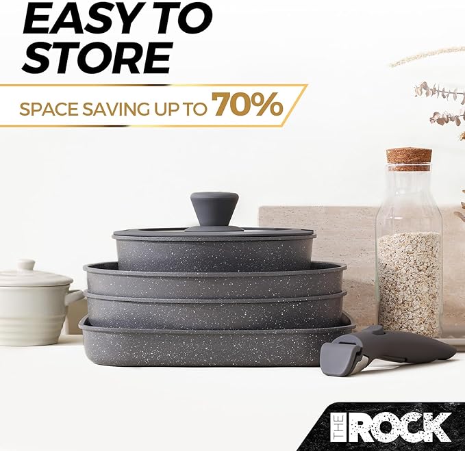 THE ROCK SMART SPACE Ceramic 16pc Nonstick Pots and Pans Set with ROCK.TEC, Cookware Set with Detachable Handles, Scratch/Stain/Crack Proof, Oven & Dishwasher Safe, PFAS & PFOA Free, Grey