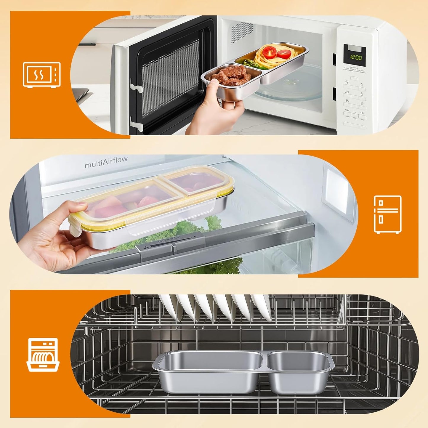 Stainless Steel Snackle Box - 3Compartment Bento Box for Kids & Adults, Reusable Food Storage Containers with Lids, Lunch Box for School (Yellow)