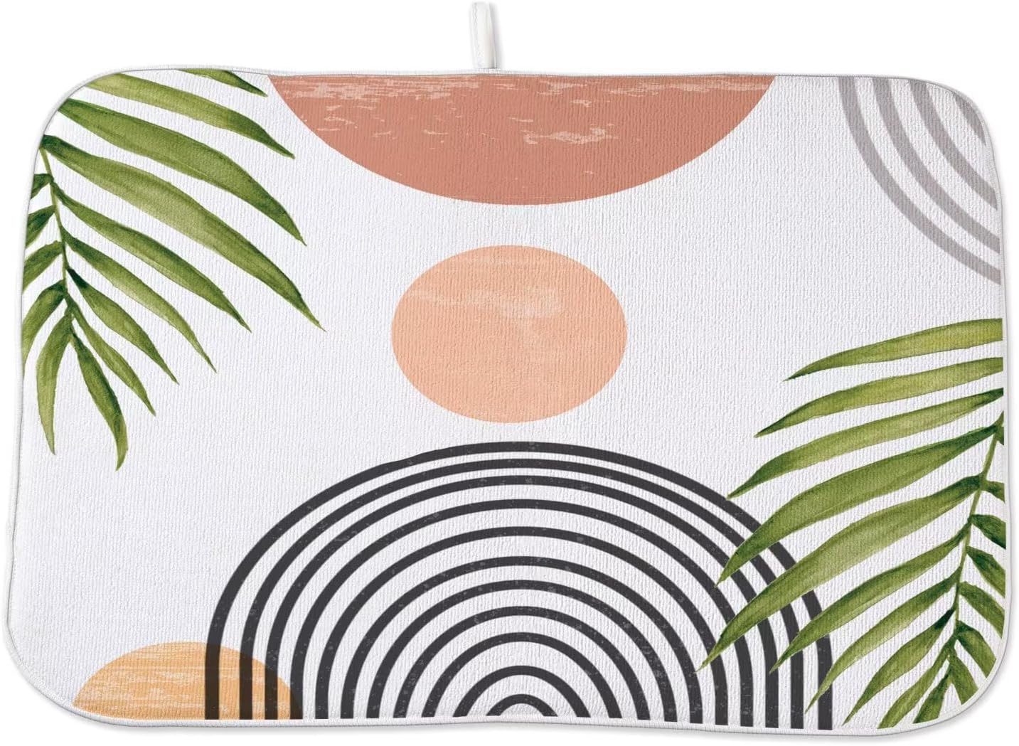 Boho Mid Century Dish Drying Mat 18 x 24 inch, Summer Abstact Coral Sunset Green Palm Leaf Decorative Drying Mats Microfiber Absorbent Dish Washable Draining Mat for Kitchen Counter Decor