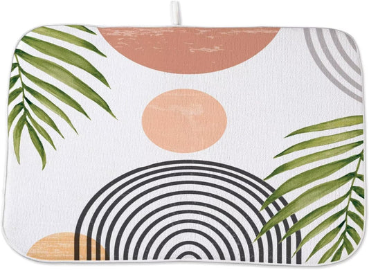 Boho Mid Century Dish Drying Mat 18 x 24 inch, Summer Abstact Coral Sunset Green Palm Leaf Decorative Drying Mats Microfiber Absorbent Dish Washable Draining Mat for Kitchen Counter Decor