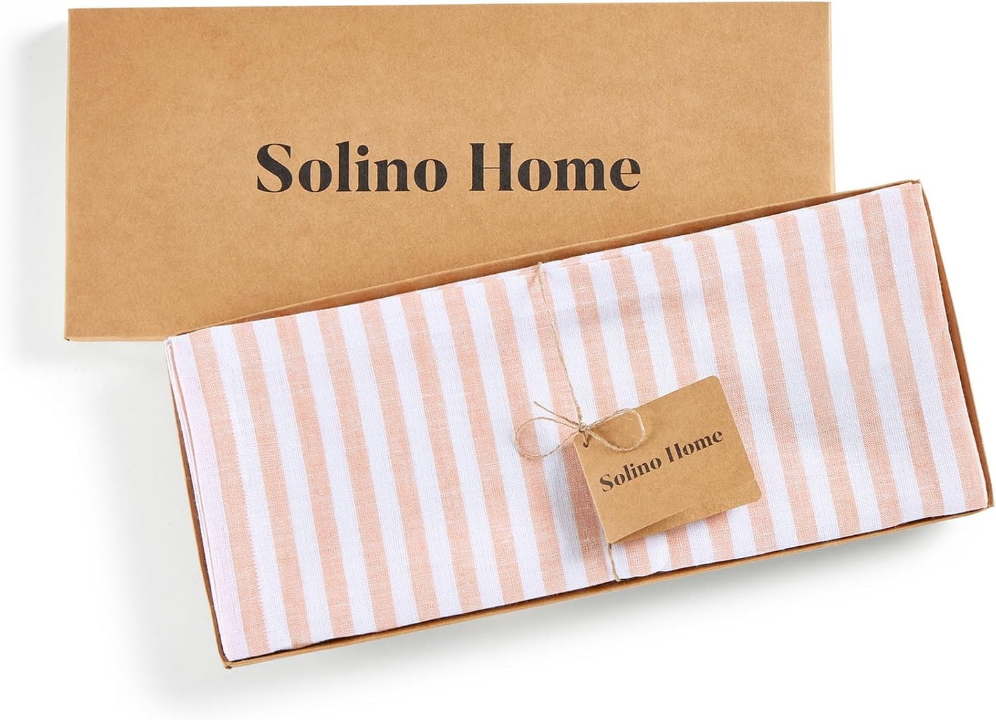 Solino Home Striped Linen Table Runner 36 Inches - Amalfi Stripe, 100% Pure Linen Coral and White Small Table Runner 14 x 36 Inch Ideal for Dresser and Coffee Tables