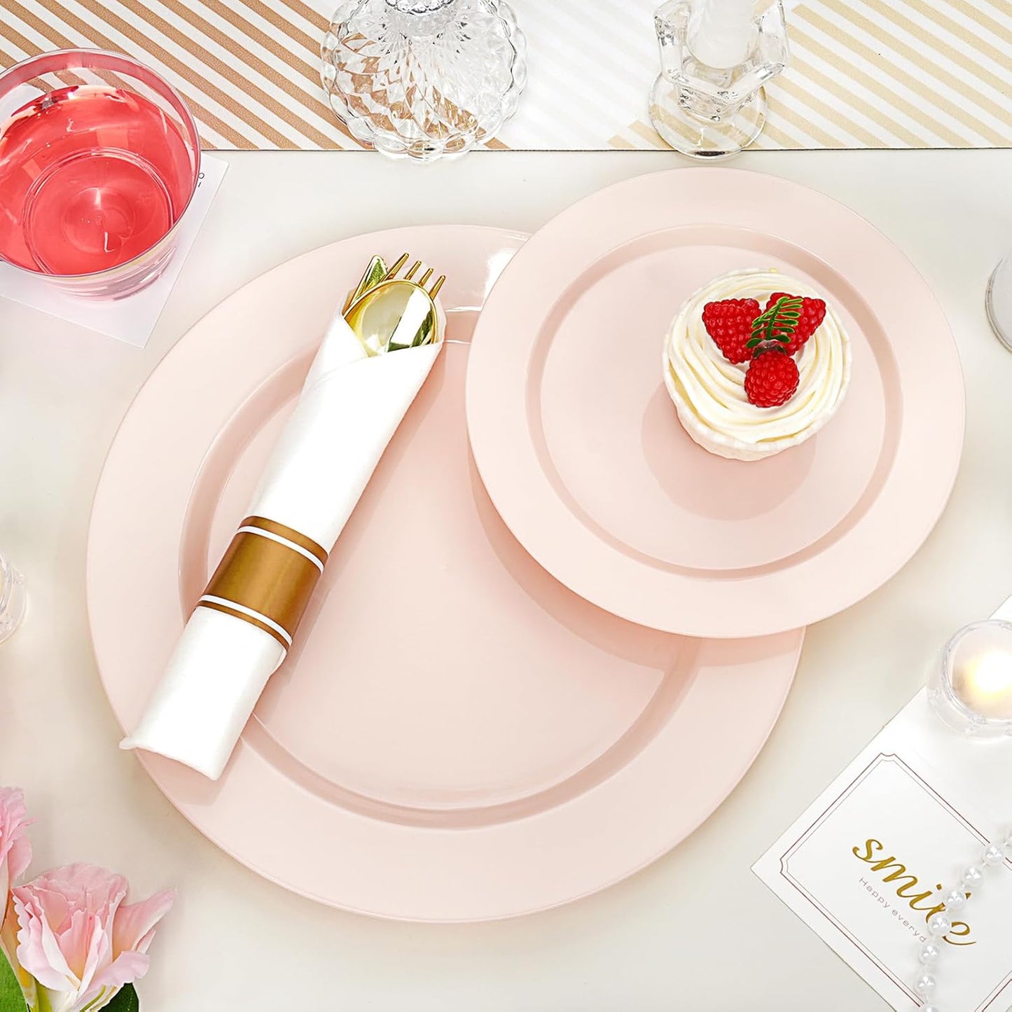 350 PCS Pink Plastic Dinnerware Set for 50 Guests, 100 Disposable Plates for Party, 50 Pre Rolled Napkins with Gold Silverware, 50 Cups for Wedding, Graduation