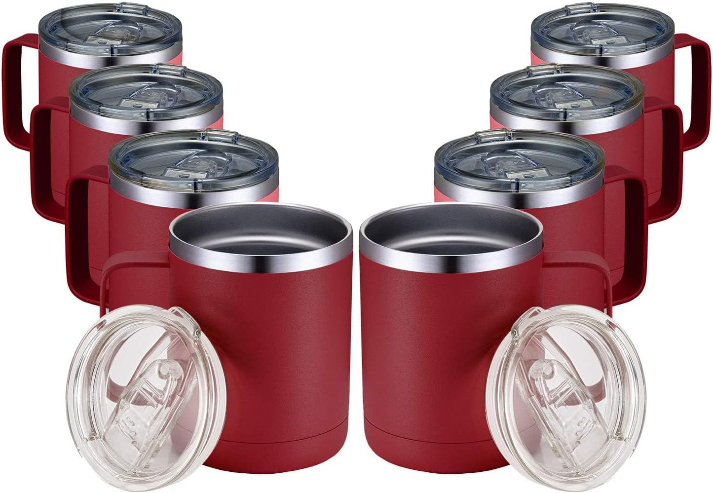 MEWAY 12oz Coffee Mug With Handle 8 Pack Bulk,Stainless Steel Insulated Travel Tumblers With Sliding Lid,Double Wall Vacuum Camping Cup for Hot & Cold Drinks Tea (Red,Set of 8)