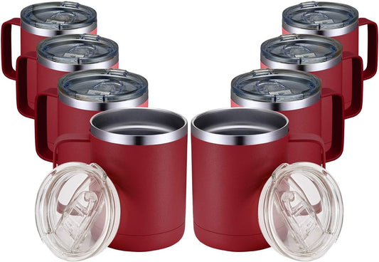 MEWAY 12oz Coffee Mug With Handle 8 Pack Bulk,Stainless Steel Insulated Travel Tumblers With Sliding Lid,Double Wall Vacuum Camping Cup for Hot & Cold Drinks Tea (Red,Set of 8)
