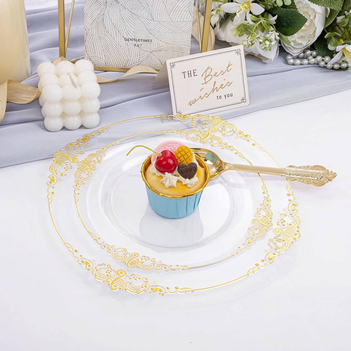 102PCS Clear Gold Plastic Plates - Clear Disposable Plates with Gold Rim - Clear Party Plate Include 51PCS Dessert Plates, 51PCS Dinner Plate for Weddings & Thanksgiving Parties