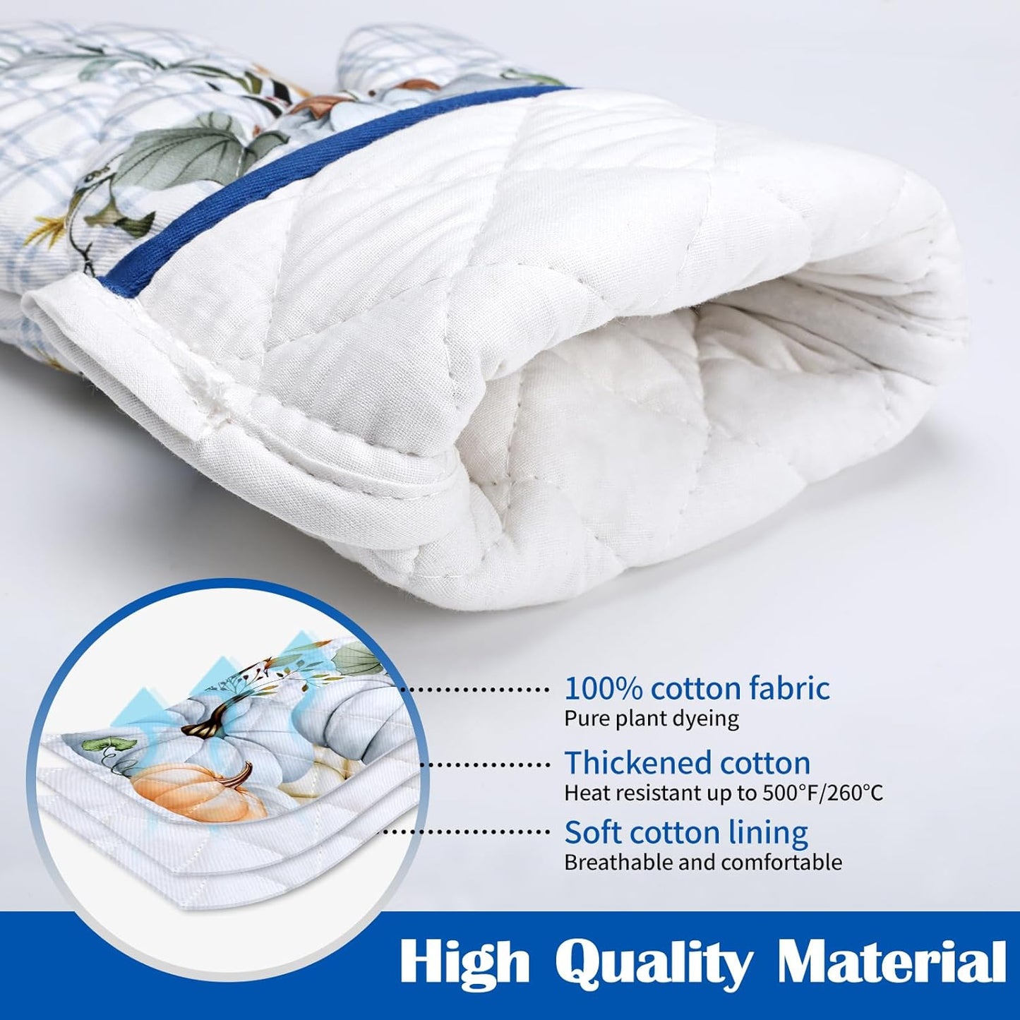 Blue Fall Pumpkin Oven Mitts and Pot Holders Sets 4Pcs, 100% Cotton Heat Resistant, Extra Long Oven Gloves Potholder for Thanksgiving Kitchen Cooking Baking Decoration