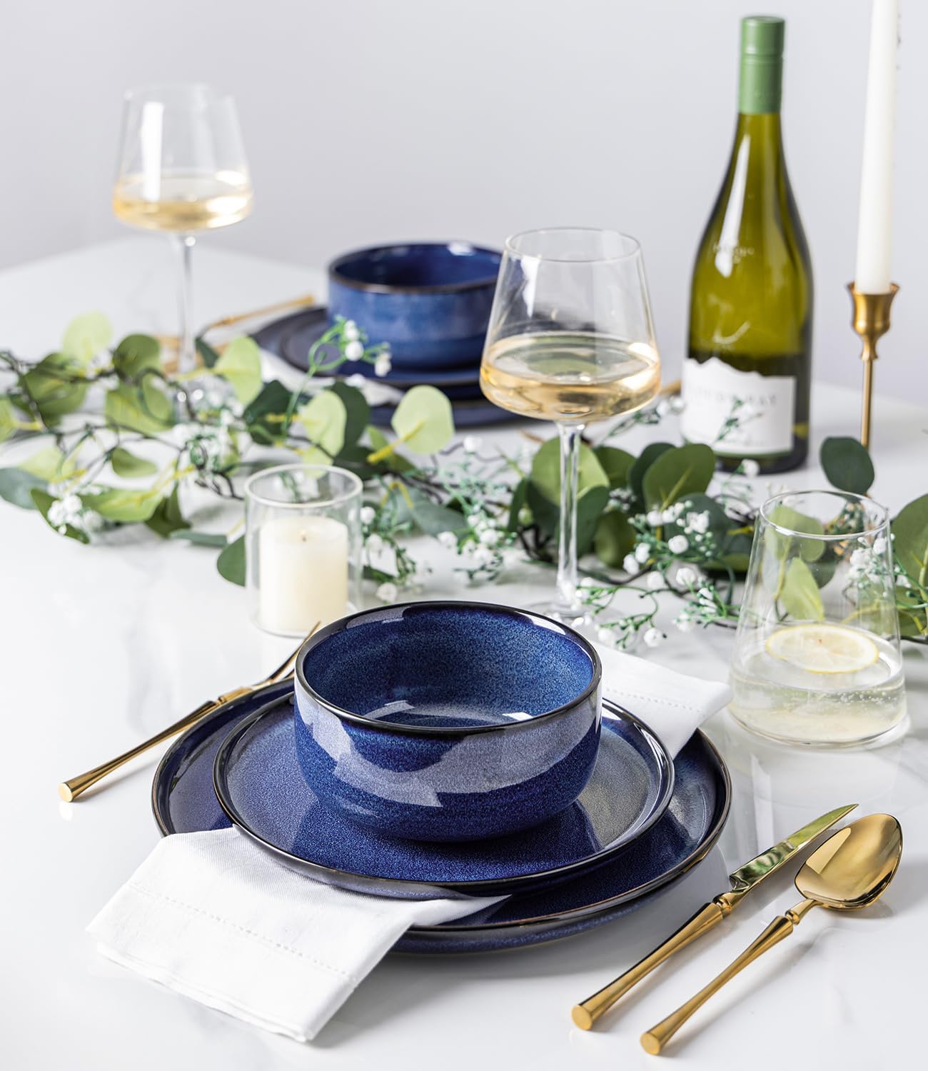 TheTerra Ceramic Dinnerware Sets for 4, 12 Pieces Handmade Reactive Glaze Plates and Bowls Set, Scratch Resistant Dish Set, Oven & Microwave & Dishwasher Safe, Blue