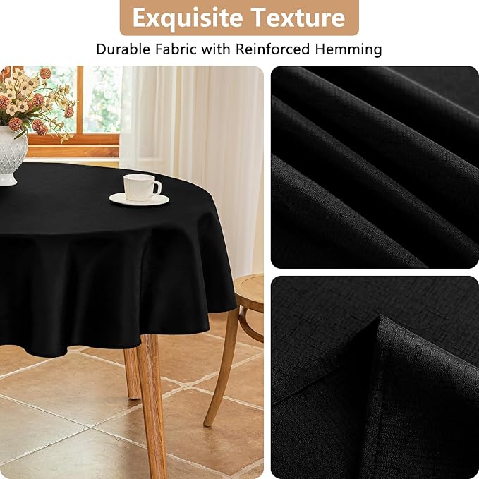 Fabric 60 Inch Black Round Table Cloth, Faux Linen Textured Stain Resistant & Wipeable Circle Tablecloth, Washable for Dinning Kitchen Party