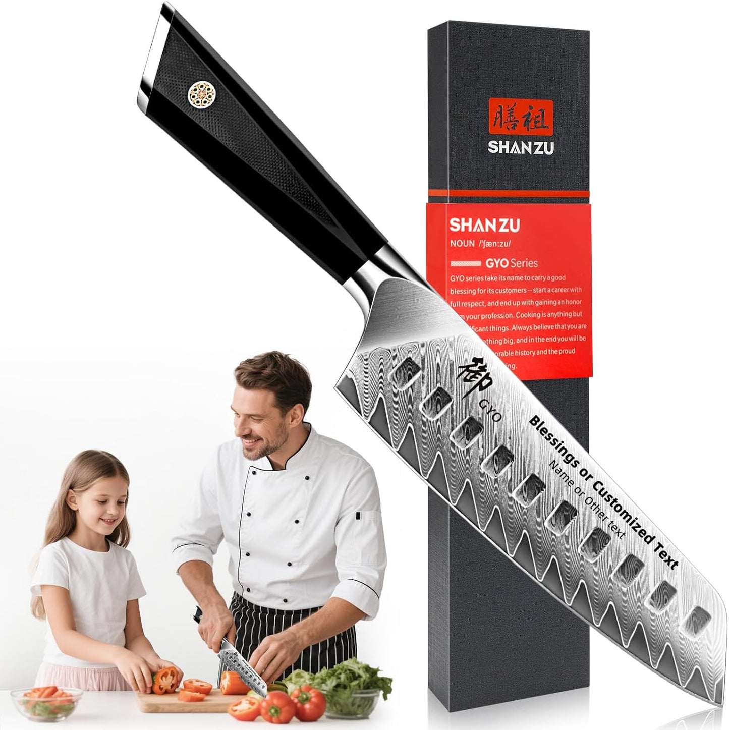 SHAN ZU Personalized Damascus Chef Knife 7 Inch, 67 Layers Damascus Steel 10Cr15CoMoV Sharp Kitchen Knife, Customized Gift for Father's Day, Mother's Day, Halloween, Christmas, Birthday, Wedding