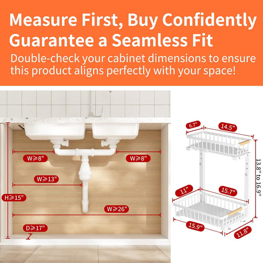 Under Sink Organizer, Under Sink Organizers and Storage, 2-Tier Pull Out Under Cabinet Organizer Storage Shelf, Metal Frame, Height Adjustable Rack for Bathroom Kitchen Pantry