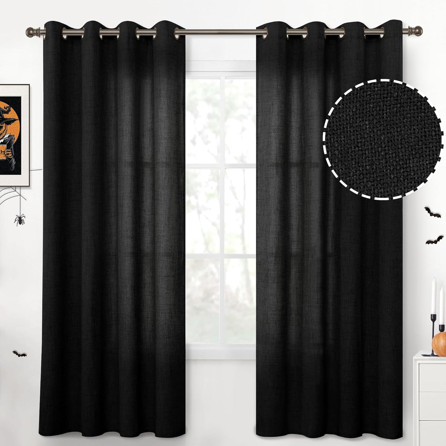 YoungsTex Black Linen Curtains 72 Inches Long for Living Room, Light Filtering Textured Long Window Drapes Privacy with Bronze Grommet for Bedroom Ofiice Let Light in, 52 x 72 Inch, 2 Panels