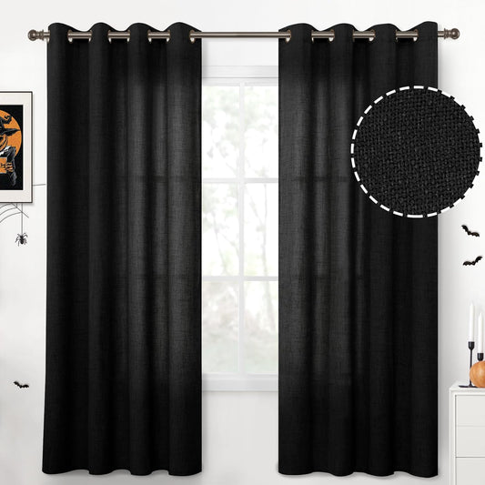 YoungsTex Black Linen Curtains 72 Inches Long for Living Room, Light Filtering Textured Long Window Drapes Privacy with Bronze Grommet for Bedroom Ofiice Let Light in, 52 x 72 Inch, 2 Panels