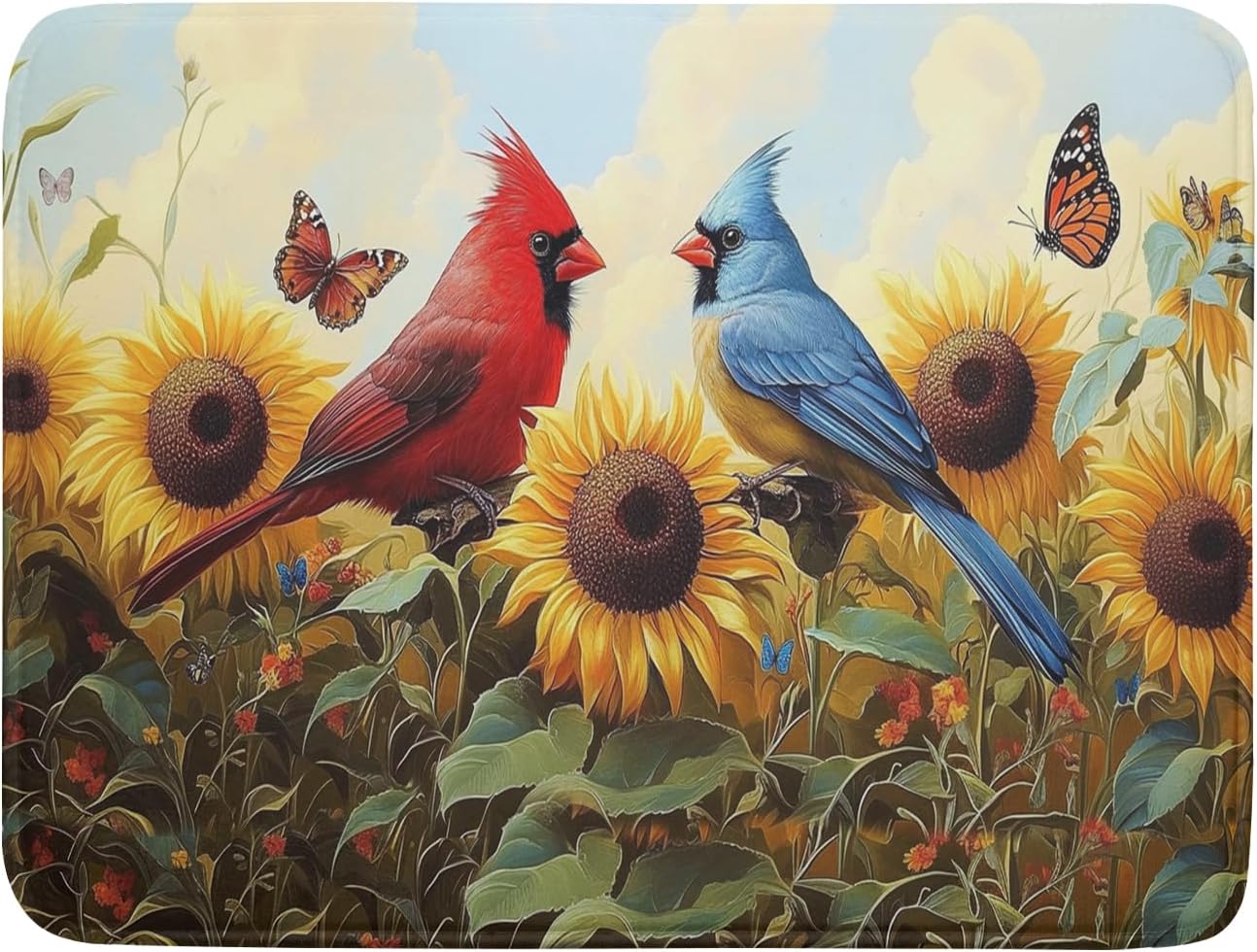 Giwawa Sunflower Birds Dish Drying Mat, Spring Summer Yellow Floral Butterflies Reversible Dish Drainer Mats Drying Pad for Kitchen Countertop Farmhouse Decor, 18x24inches, Large