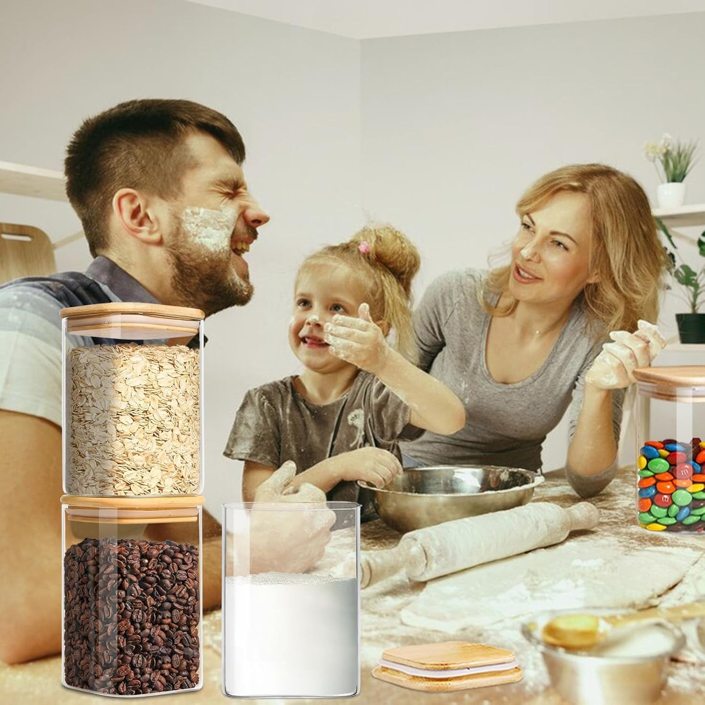 1.2 Qt Square Glass Storage Containers with Lids, glass jar with airtight lid, Glass Canister for Pantry Cookie Flour Cereal Rice Sugar Tea Coffee Beans Spice, Square Set of 4