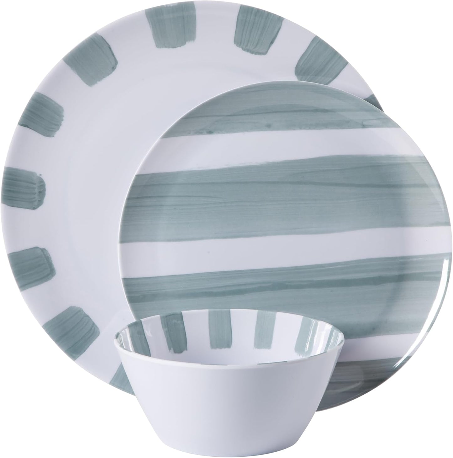 Gibson Home Cottage Stripes 12 Piece Unbreakable Melamine Plates and Bowls Dinnerware Set - Outdoor, Camping, & Everyday Use - Assorted Colors