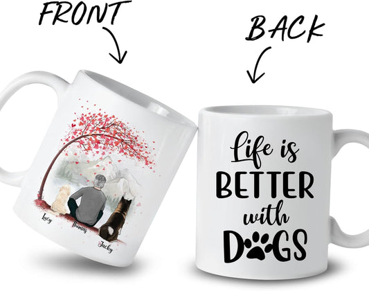 Gossby Personalized Dog Mug - Life is Better with Dogs (Man - 2 Dogs - Pink Tree) - 11oz, 15oz Custom Dog Dad Mugs Coffee with Names, Quotes - Customizable Dog Daddy Gifts for Dog Lovers, Owners